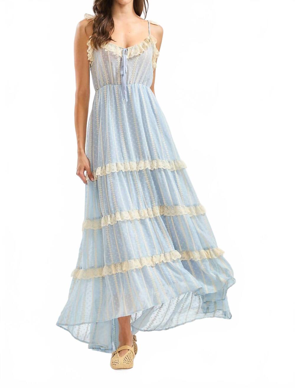 NEW CAMELLIA cd10576d lace maxi dress with layered ruffle in light blue